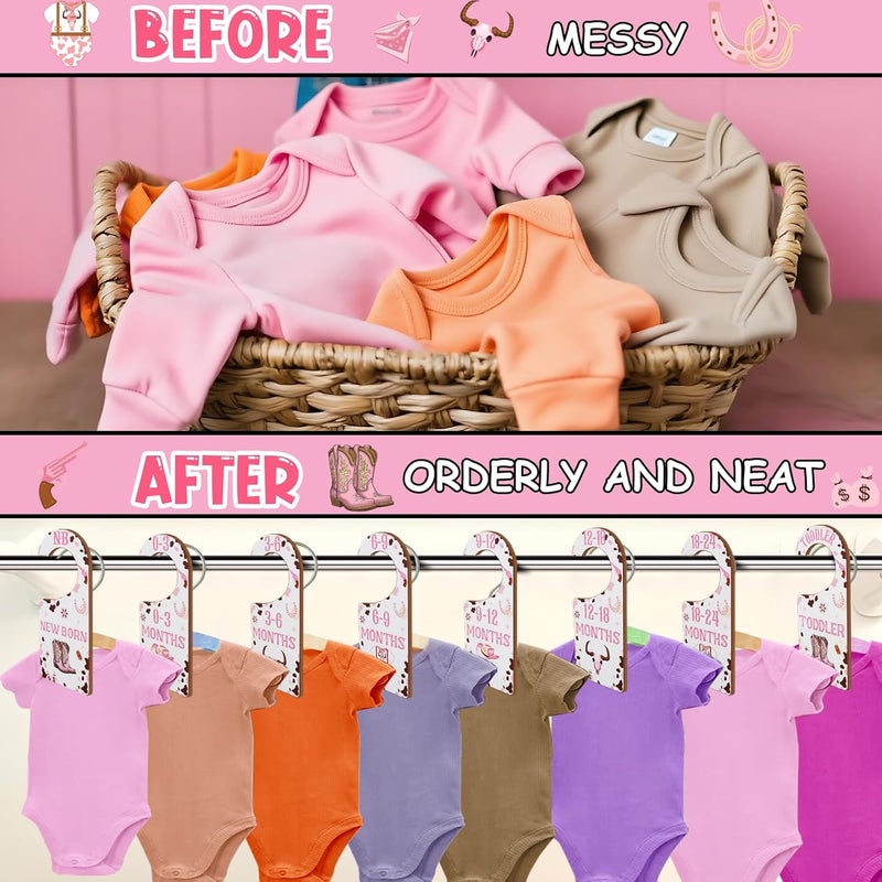 CORNER LACE Baby Closet Dividers 8PCS, Western Cowgirl/Wild West Rodeo Themed Wooden Double-Sided Clothes Size Hanger Organizer from Newborn to Toddler for Nursery Decor Baby Shower Birthday Gift Pink - Image 2
